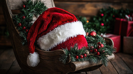 A charming Christmas setting showcasing a vibrant Santa hat perched on a rustic chair, adorned with evergreen and ornaments to create a festive winter wonderland feel.の素材