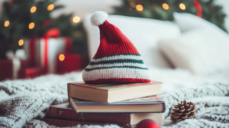 A delightful Christmas setup featuring a cozy knitted hat on a stack of books, surrounded by soft textiles, holiday lights, and a festive atmosphere perfect for the season.の素材