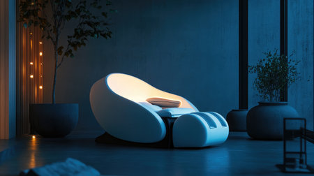 A unique ergonomic chair bathed in soft light, creating a calming atmosphere in an indoor space, perfect for relaxation and modern living.の素材