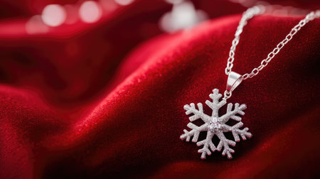 This captivating silver snowflake pendant necklace rests on rich red velvet fabric, creating a luxurious and festive ambiance perfect for winter jewelry showcases and gift ideas.の素材