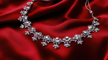 Stunning silver necklace featuring intricate gemstones, elegantly displayed on rich red fabric, ideal for showcasing luxury jewelry in fashion photography.の素材