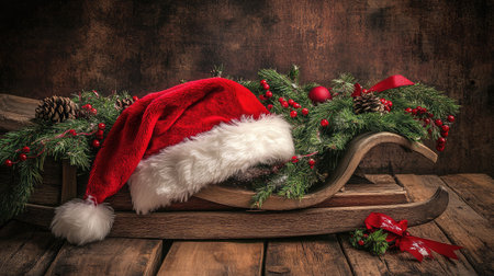 A charming rustic sleigh adorned with festive greenery, pinecones, and red berries, topped with a classic Santa hat, creating a warm and inviting holiday atmosphere.の素材