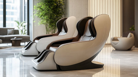 Experience ultimate relaxation with these stylish massage chairs in a contemporary lounge. Designed for comfort, they enhance any spaceの素材