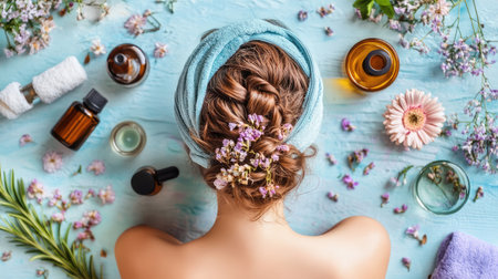 A serene scene capturing a woman's back with styled hair adorned by flowers, surrounded by essential oils and floral decorations, emphasizing relaxation and self-care.の素材