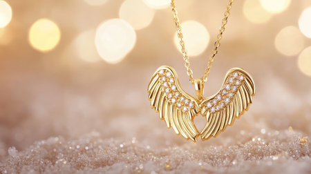 A stunning gold wing necklace adorned with sparkling diamond accents, set against a soft and dreamy background with bokeh lights, ideal for elegant gifting or personal style.の素材