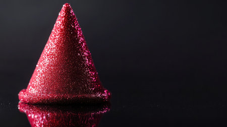 A striking red party hat covered in glitter sits on a reflective black surface, creating a festive and joyful vibe, ideal for celebrations and holiday gatherings.の素材