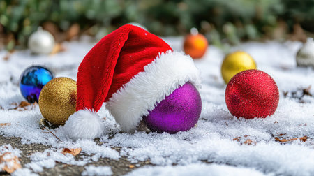 A vibrant scene featuring colorful Christmas ornaments scattered on a snowy surface, with a cheerful red Santa hat adding a festive touch to the winter landscape.の素材