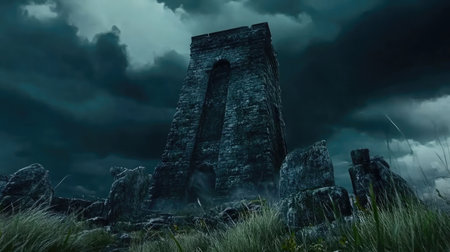 Capture the essence of mystery with an ancient stone tower under a dark sky, surrounded by ruins and grasses, creating an eerie and atmospheric landscape at dusk.の素材