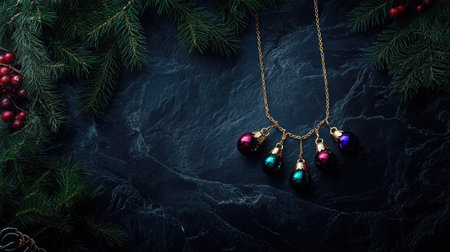 Captivating jewelry piece featuring vibrant ornaments on a gold chain, set against a dark stone background, embellished with festive pine branches, perfect for holiday spirit.の素材