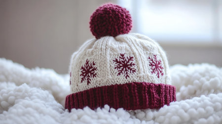 A cozy winter hat featuring a charming red pom-pom and intricate snowflake designs, resting on a soft plush blanket, perfect for seasonal warmth and comfort.の素材
