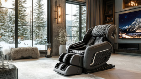 A luxurious black massage chair sits elegantly in a modern living room, offering comfort and relaxation while providing a stunning view of a snowy landscape through tall windows.の素材