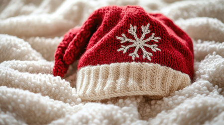 A cozy red knitted hat with a white snowflake is placed on a soft fluffy blanket, creating a warm, inviting atmosphere for winter and holiday photography.の素材