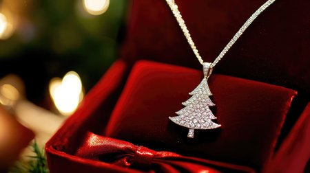 Stunning silver Christmas tree pendant nestled in a luxurious red velvet box, illuminated by soft bokeh lights, creating an enchanting atmosphere for holiday gifting.の素材