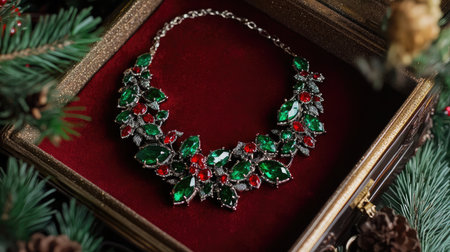 This stunning green and red gemstone necklace is showcased in a vintage jewelry box, perfect for holiday decorations and elegant gifting. Discover the beauty of fine jewelry.の素材