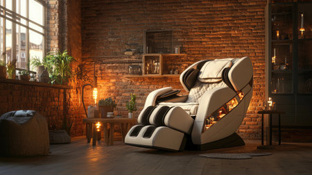 A luxurious massage chair positioned in a chic indoor setting, surrounded by warm lighting, exposed brick walls, and lush plants, creating a cozy and inviting relaxation space.の素材