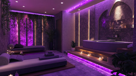 Experience a serene spa environment featuring elegant design, soothing purple lighting, and comfortable seating, ideal for rejuvenation and relaxation. Perfect for wellness retreats.の素材