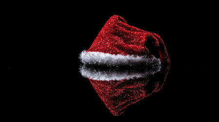 A vibrant red Santa hat with sparkling details lays on a reflective surface, evoking the festive spirit and warmth of the holiday season. Perfect for holiday-themed designs.の素材