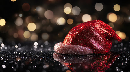 A glittering red Christmas hat rests on a reflective surface, surrounded by warm, blurred lights creating a festive and joyful atmosphere ideal for holiday celebrations.の素材