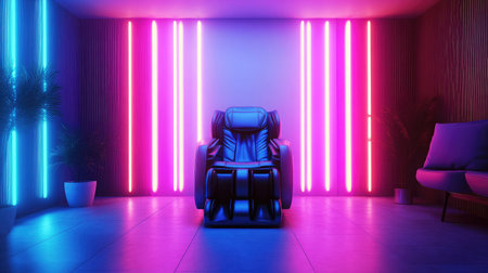A chic and modern interior featuring a sleek massage chair, surrounded by vibrant neon lights, creating a calming atmosphere perfect for relaxation and rejuvenation.の素材