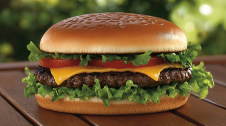 A mouthwatering cheeseburger showcasing fresh lettuce, tomato, and melted cheese on a toasted bun, perfect for showcasing delicious meals or fast food concepts.の素材