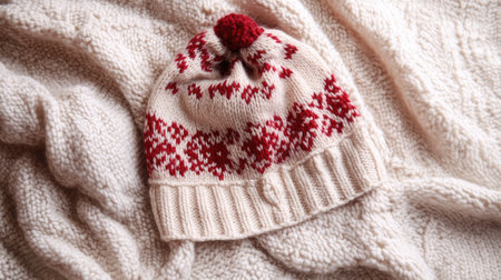 A charming red and white knit hat rests on a soft cream blanket, showcasing stunning patterns that highlight the beauty of winter fashion and cozy styling.の素材