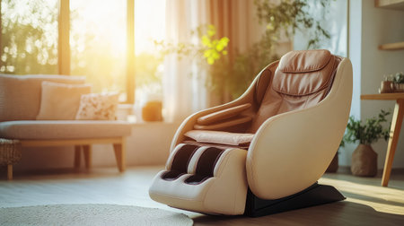A sleek, modern relaxation chair sits in a sunlit living room, surrounded by cozy decor, offering a serene atmosphere for unwinding and rejuvenating in style.の素材