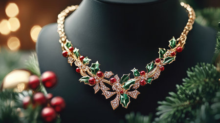 This stunning Christmas necklace features a holly design with red berries, perfect for festive occasions, beautifully displayed against a backdrop of holiday greenery.の素材