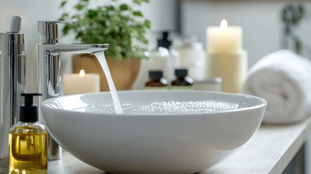 Experience a serene home spa atmosphere with flowing water, soft lighting, and an array of carefully curated bath products for a rejuvenating self-care moment.の素材