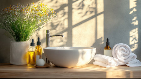 A tranquil bathroom scene featuring a stylish bowl sink, fresh towels, essential oils, and a floral arrangement, perfect for a rejuvenating self-care experience in a serene home.の素材