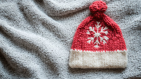 A cozy knit red and white winter hat featuring a charming snowflake design laid on a soft gray knit fabric, ideal for seasonal fashion and decor.の素材