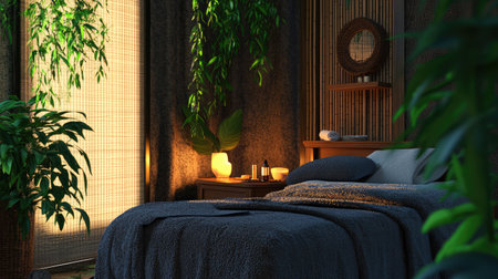 A tranquil bedroom showcasing natural light filtering through a window, complemented by cozy textures and lush plants, creating a calming and inviting atmosphere for relaxation.の素材