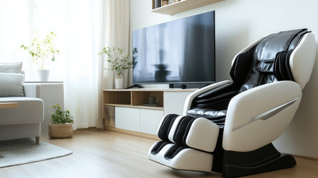 A sleek massage chair positioned in a sunlit living room, complemented by a large TV and minimalist furniture, perfect for relaxation and enhancing home comfort.の素材
