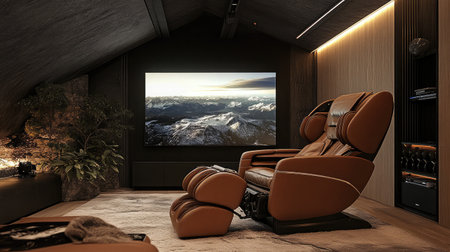 A stylish living room featuring a comfortable reclining chair and a large flat screen TV showcasing a beautiful mountain landscape, creating a warm and inviting atmosphere.の素材
