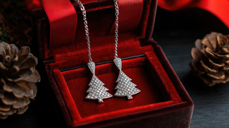 Vibrant silver Christmas tree pendant earrings set in a plush red velvet box, perfect for holiday gifting and adding sparkle to festive celebrations.の素材