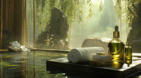 Soothing spa scene featuring essential oils and towels on a wooden surface, surrounded by lush greenery and calming waters, ideal for relaxation and wellness experiences.の素材