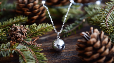 A stunning silver necklace pendant rests delicately on a wooden table, surrounded by pine cones and evergreen foliage, showcasing nature's beauty and festive charm.の素材