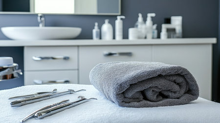 A serene spa room showcasing a neatly rolled towel and dental tools, emphasizing cleanliness and tranquility in a modern wellness environment for relaxation and rejuvenation.の素材