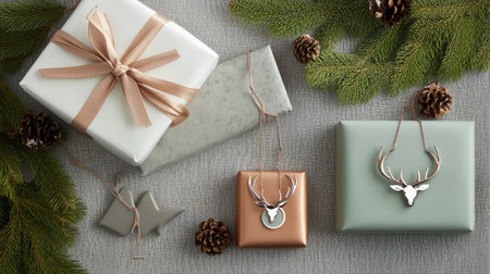 Discover a charming arrangement of elegantly wrapped gifts featuring stylish deer tags, surrounded by pine cones and greenery for a cozy holiday vibe. Ideal for creative decor inspiration.の素材