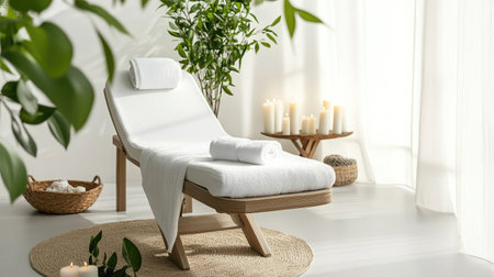 A calming and inviting spa environment featuring a minimalist lounge chair, soft towels, flickering candles, and lush greenery, perfect for a peaceful relaxation experience.の素材