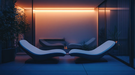 Discover a serene outdoor space showcasing two sleek loungers accentuated by soft ambient lighting, creating a perfect retreat for relaxation in a contemporary setting.の素材
