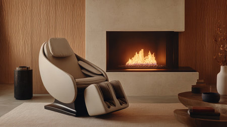 This stylish interior showcases a modern massage chair beside a cozy fireplace, creating a serene atmosphere perfect for relaxation and comfort in any home environment.の素材