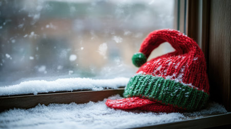 A vibrant red and green holiday hat rests on a snow-covered windowsill, capturing the essence of winter and festive spirit in a cozy and inviting indoor atmosphere.の素材