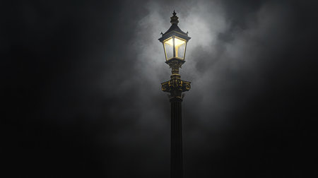 A vintage street lantern stands alone in a dark, foggy setting, casting a warm golden glow that creates an enchanting and mysterious atmosphere.の素材