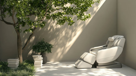 Experience tranquility in a stylish corner featuring a massage chair, surrounded by vibrant greenery and soft sunlight, perfect for relaxation and rejuvenation.の素材