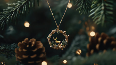 This stunning Christmas necklace showcases a delicate reindeer within a forest scene, beautifully framed by gold and surrounded by festive decorations, perfect for holiday spirit.の素材