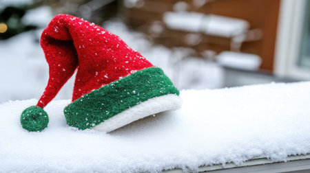 A charming Santa hat rests on a blanket of fresh snow, surrounded by sparkling flakes, evoking the delightful spirit of the holiday season and winter wonderland vibes.の素材