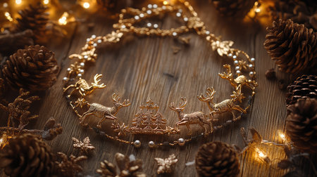 Delightful gold necklace featuring charming reindeer and a Christmas tree, beautifully placed among pine cones and soft lights, evoking a warm holiday ambiance.の素材