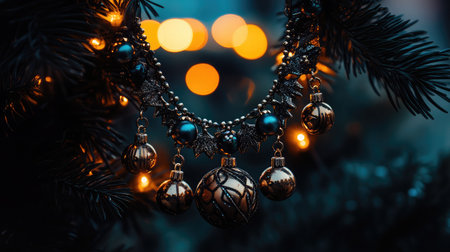 Beautifully crafted Christmas ornament set against twinkling lights, evoking a warm festive atmosphere perfect for holiday celebrations and home decoration.の素材