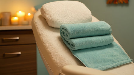 A serene spa setting featuring plush towels and soft ambient lighting, creating a perfect environment for relaxation and rejuvenation, ideal for massage therapy sessions.の素材