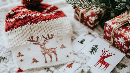 A cozy winter scene featuring a knitted hat with a reindeer design, festive wrapped gifts, and seasonal greeting cards on a soft blanket, capturing the essence of holiday warmth and cheer.の素材